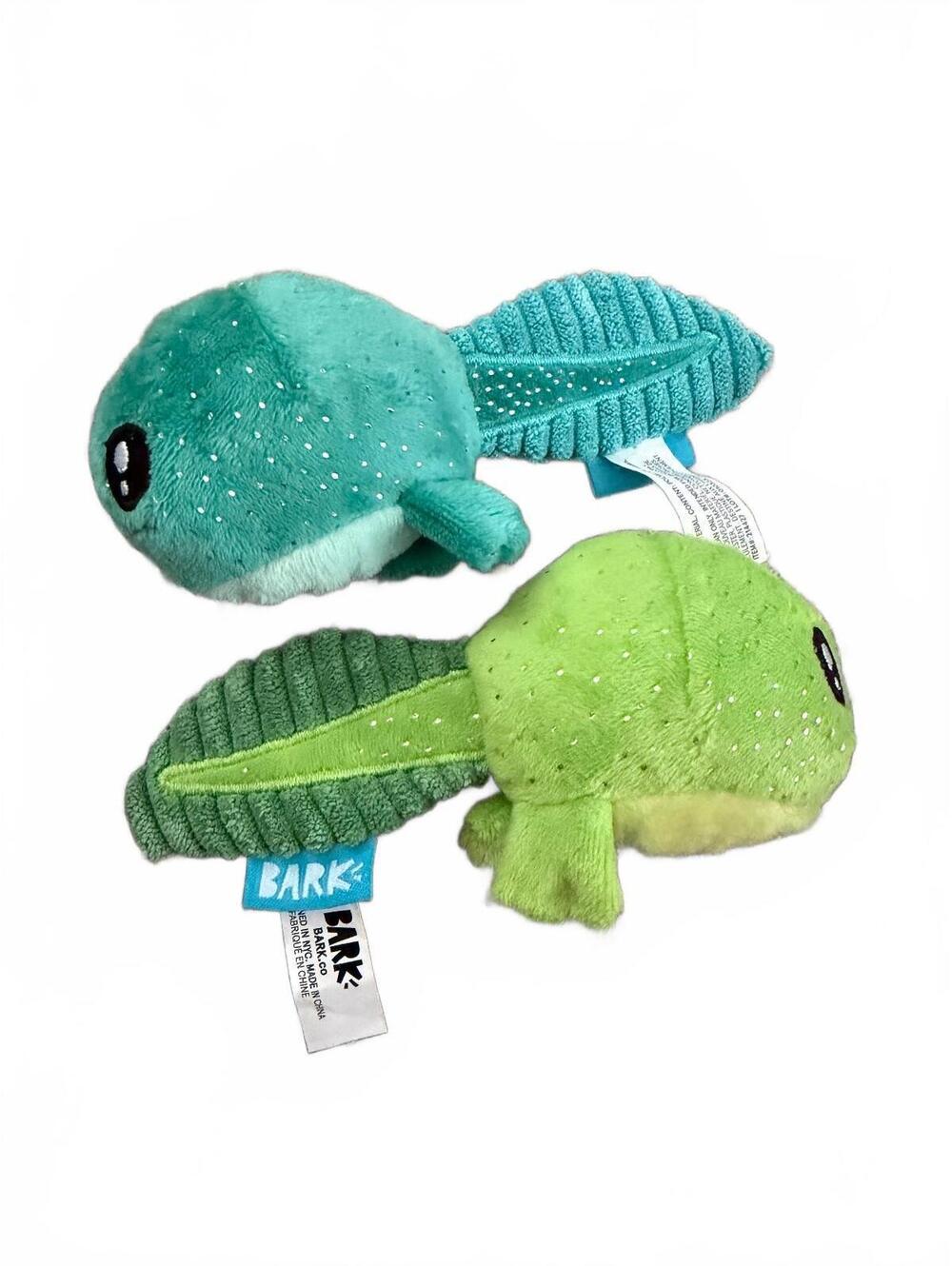 BARK Plush Dog Toys Set of 2 Green & Teal Tadpole-Shaped Soft Squeaky Toys XS/S